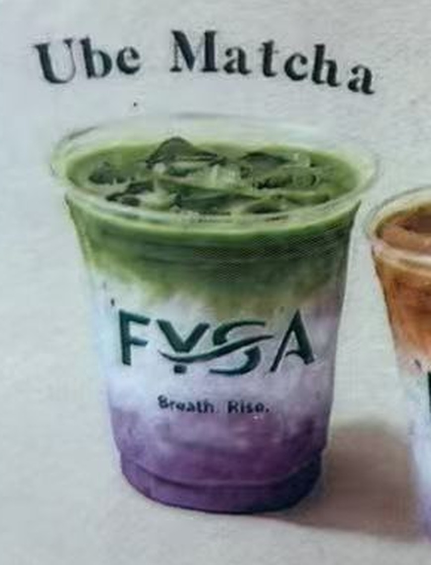 FYSA Ube Matcha: green matcha on top, milk in the middle and purple ube at the bottom of a FYSA cup